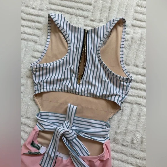 Albion Island Fever One Piece Swimsuit - Blue / White Stripe & Pink Floral - Picture 5 of 10
